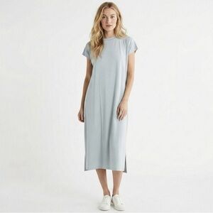 Eileen Fisher Blue Boxy Fit Crewneck Cap Sleeve Dress SP Midi Sheath NWT
